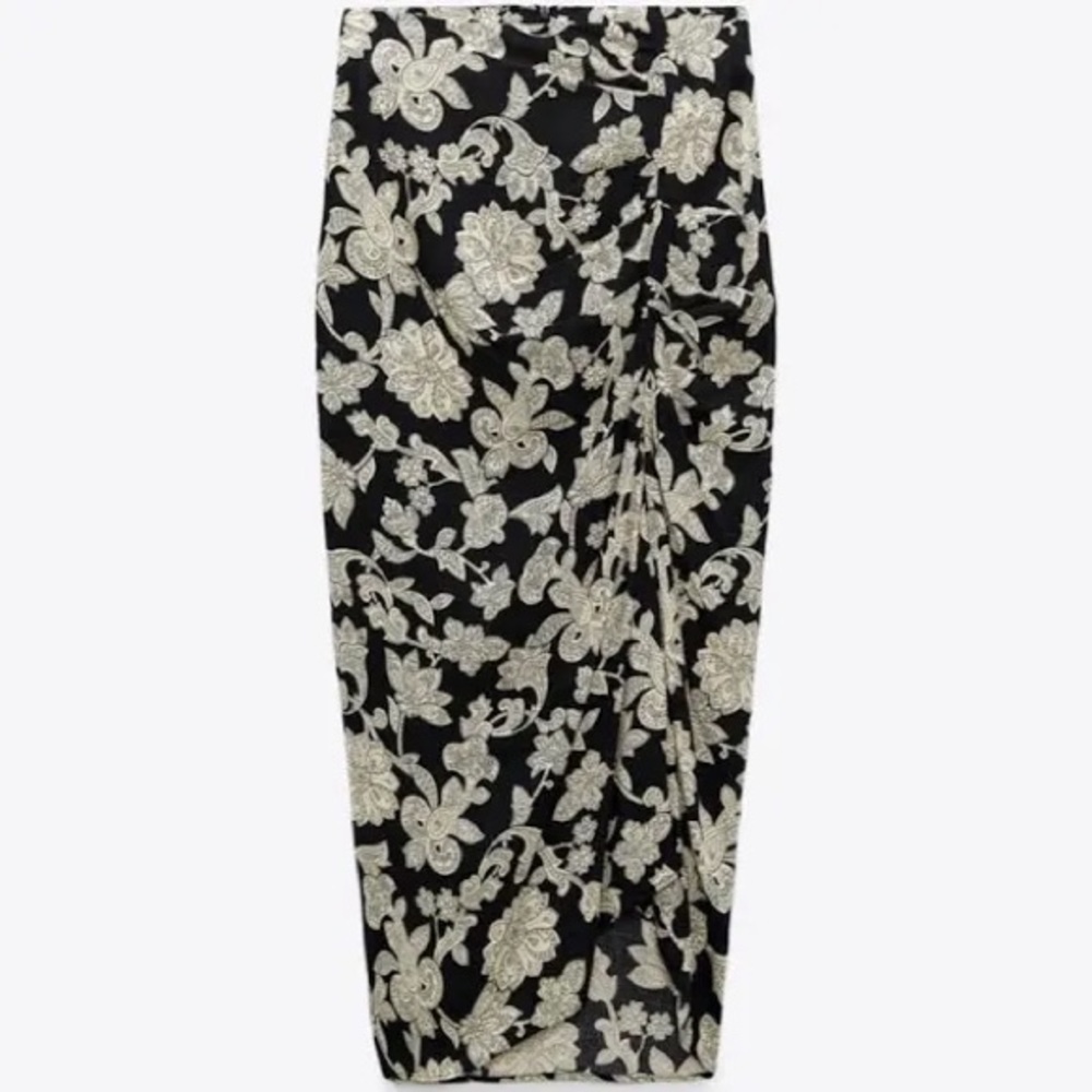 NWT Zara Draped Floral Print Midi Skirt
